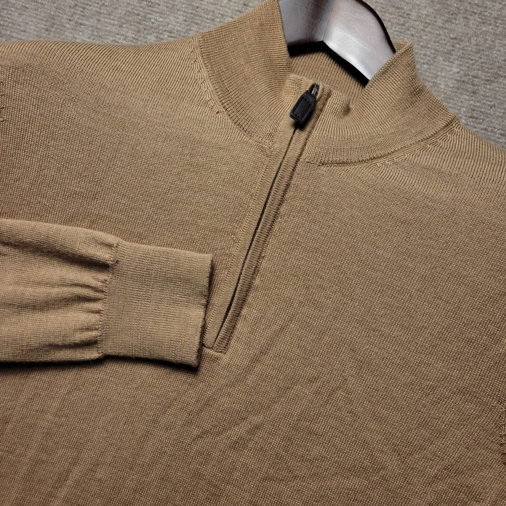 Jos A Banks Merino Wool Quarter Zip Sweater Mens L Camel Mock Neck Pullover Knit